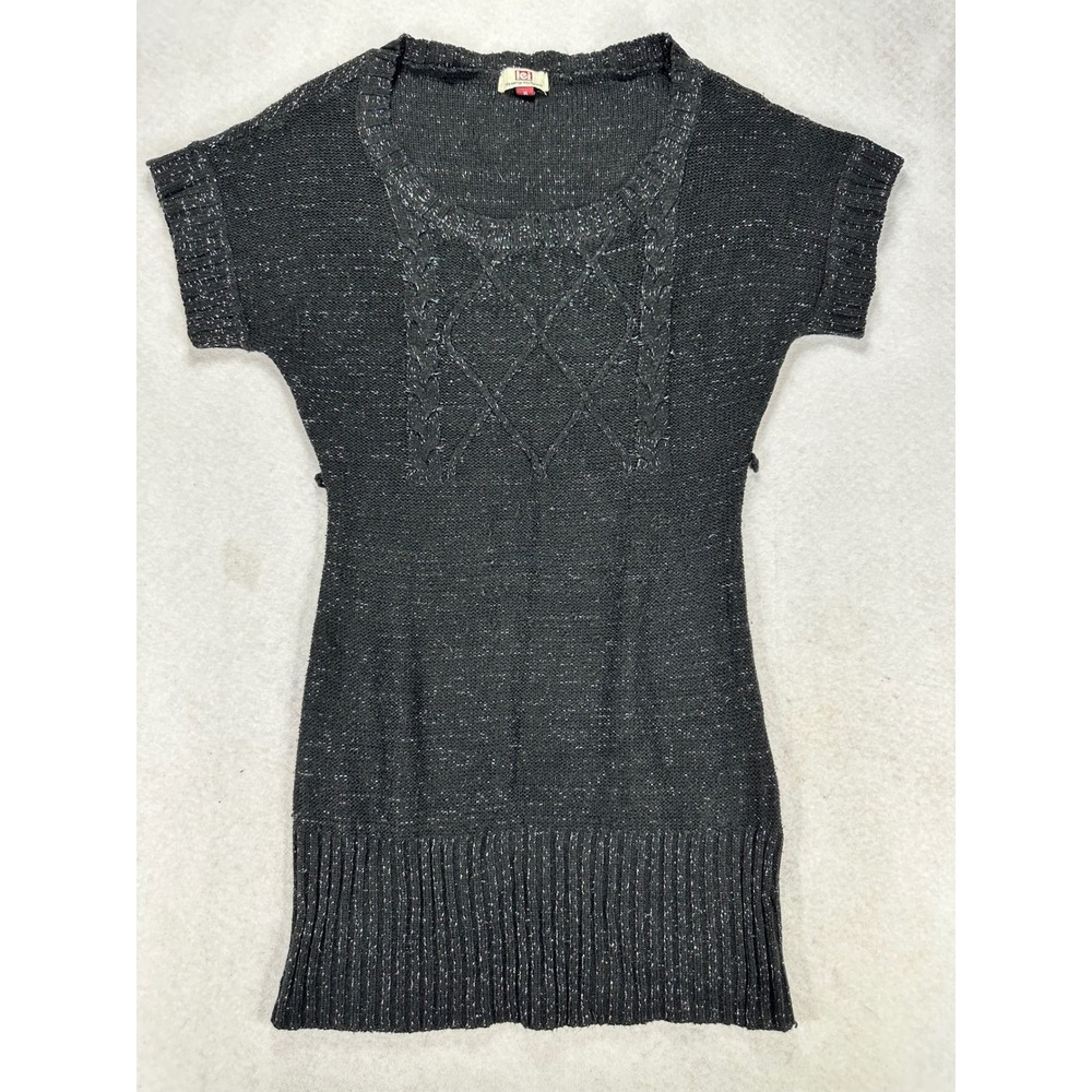 Lei Womens Metallic Knit Sweater Dress Charcoal Gray Short Sleeve M Medium